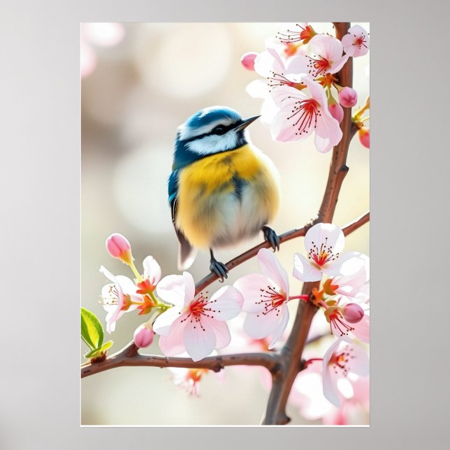 Söt blåmesfågel på vårblommande äppelträd   poster (Framsidan)