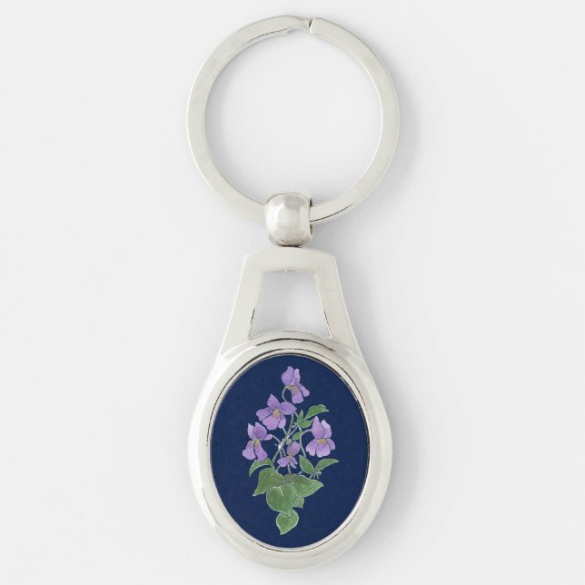 Söt Blek Mauve Violes on Mörk blått Keychain Ovalt Silverfärgad Nyckelring (Framsidan)