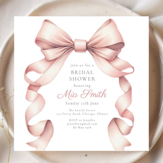 Söt Blek Rosa Bow, Inbjudningskort för möhippan (Elegant pink bow bridal shower invitation honoring the bride to be. Customize for a chic celebration)
