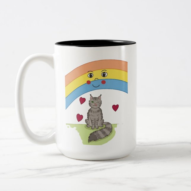 Söt blinkande katt under leende regnbåge kaffemugg (Vänster)