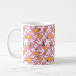 Söt blomfågel sömlös mönster kaffemugg
