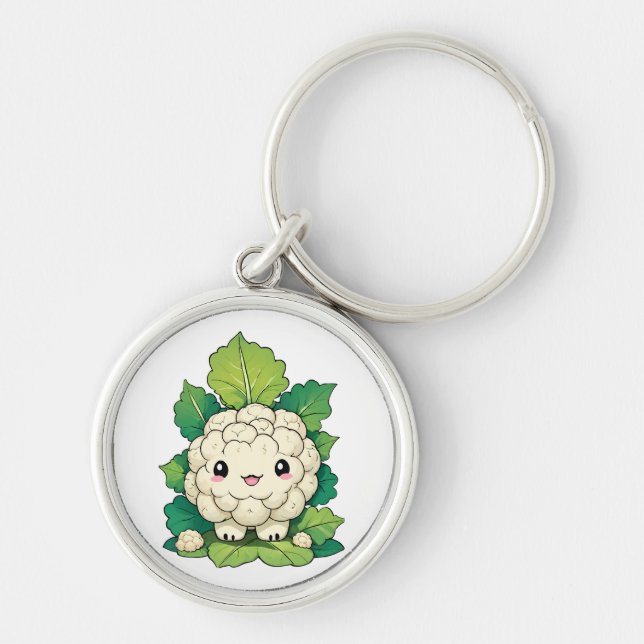 Söt Blomkål Rund Silverfärgad Nyckelring (Framsidan)