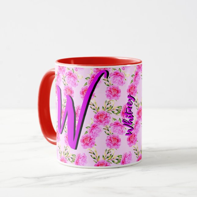 Söt blomkrukad kaffemugg med vackra rosa blommor (Framsida vänster)