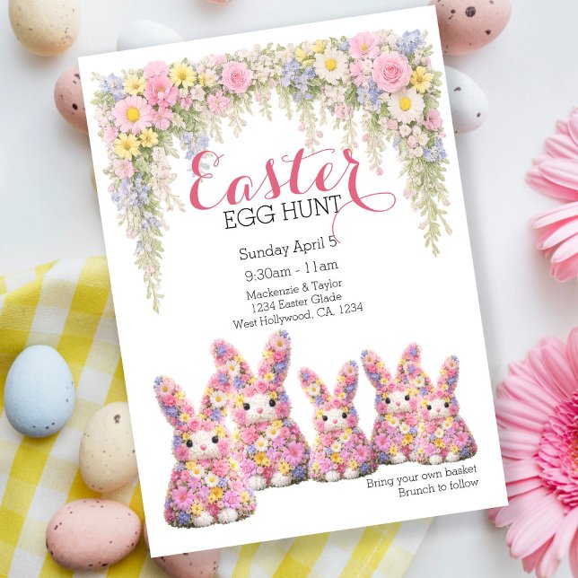 Söt Blomma Kanin Påskäggjakt Lunch Inbjudningar (Sweet Flower Bunny Rabbit Easter Egg Hunt Lunch Invitation by Ricaso. Brunch invite bunny family )