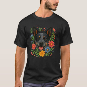 Söt Blommande Blue Heeler Färgglada Vårblommor Wi T Shirt