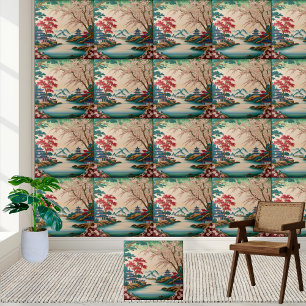 Söt Blommar & Mountain Chinoiserie Tile Art Kakelplatta