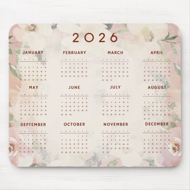 Söt Blommig 2026 Kalender Musmatta (Framsidan)