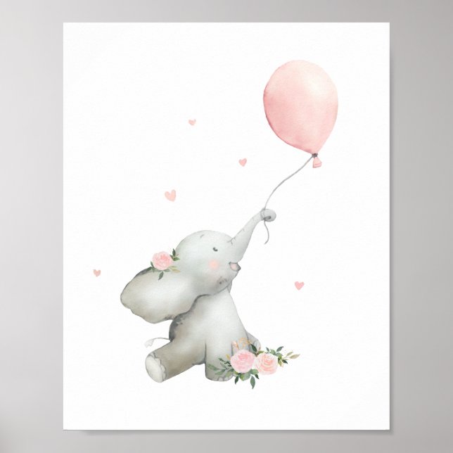 Söt blommig akvarell Elefant Barnkammare Poster (Framsidan)