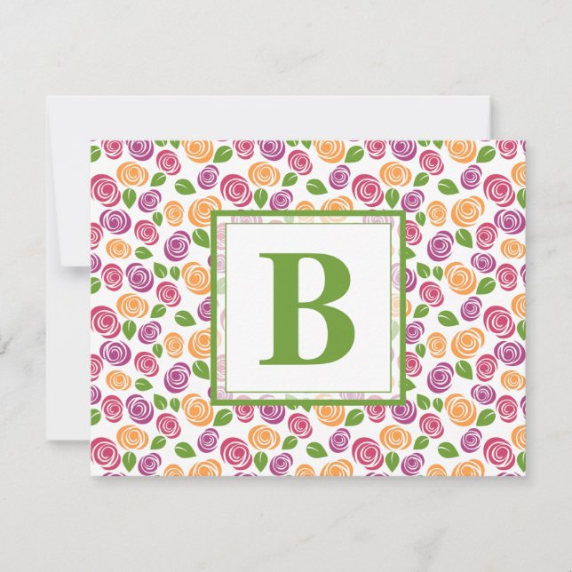 Söt blommig anpassad monogram initial grön anteckningskort (Framsida)