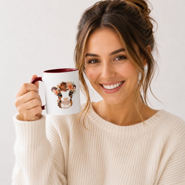 Söt Blommig Baby Highland Ko Mug | Kawaii Ko Kaffe Mugg (Skapare uppladdad)