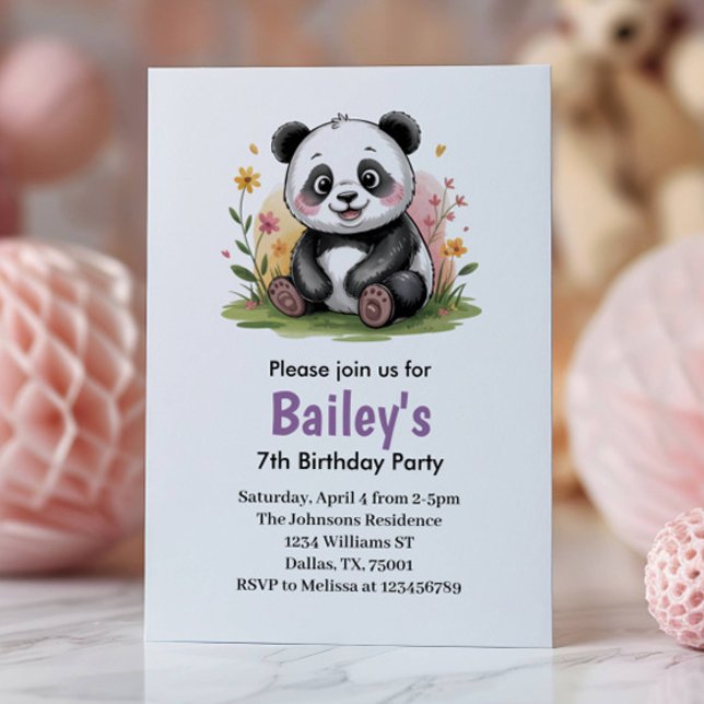 Söt Blommig Barn Panda Födelsedagsfest Inbjudningar (Skapare uppladdad)