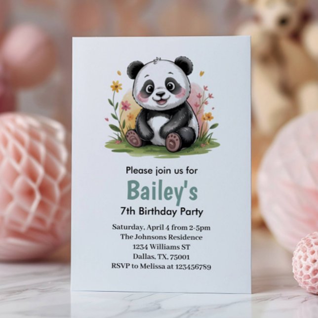 Söt Blommig Barn Panda Födelsedagsfest Inbjudningar (Skapare uppladdad)