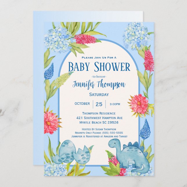 Söt Blommig Dino Mamma Ägg Baby Shower Inbjudningar (Fram/baksida)