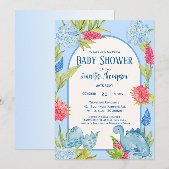 Söt Blommig Dino Mamma Ägg Bebis Baby Shower Inbjudningar (Fram/baksida)
