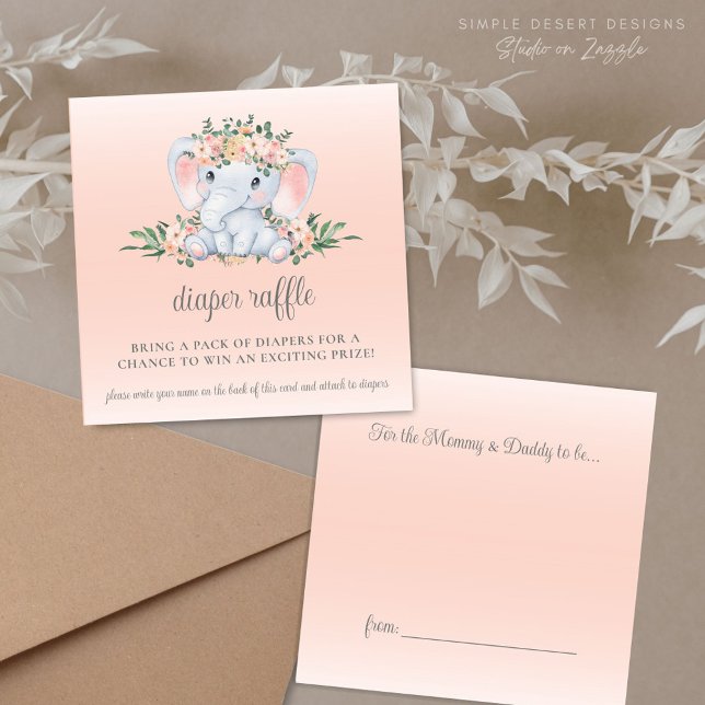 Söt Blommig Elefant Baby Shower Blöja Lotteri Tilläggskort (Sweet Blush Pink Floral Greenery Baby Shower Diaper Raffle Cards with Cute Elephant)