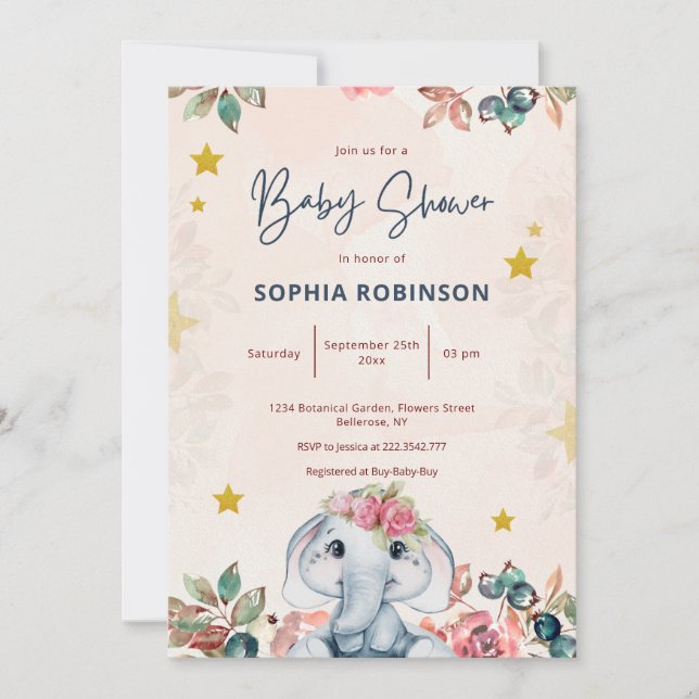 Söt blommig elefant baby shower inbjudan (Framsida)