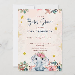 Söt blommig elefant bebisskalning inbjudan