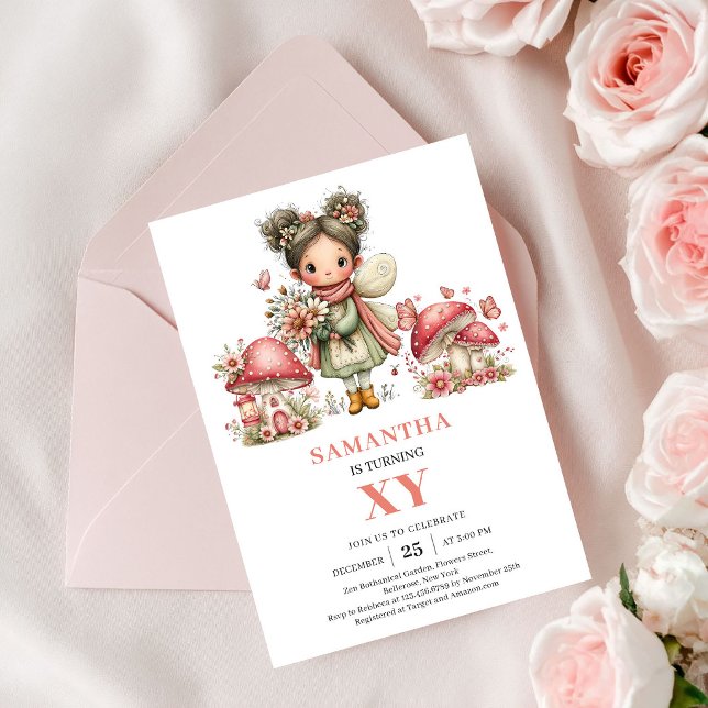 Söt Blommig Fe 5-års Födelsedags Rosa Inbjudan (Cute Floral Fairy 5th Birthday Pink Invitation)