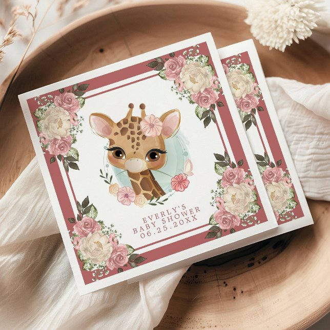 Söt Blommig Giraff Vattenfärg Flicka Baby Shower Pappersservett (Skapare uppladdad)