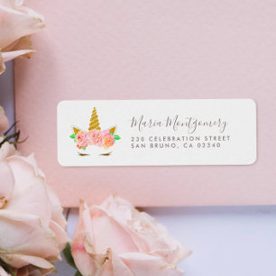 Söt Blommig Guld Glitter Enhörning & Namn i Skrift Returadress Etikett