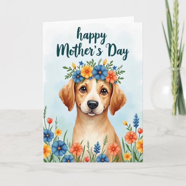 Söt Blommig Hund Mors Dagskort Kort (Framsida)