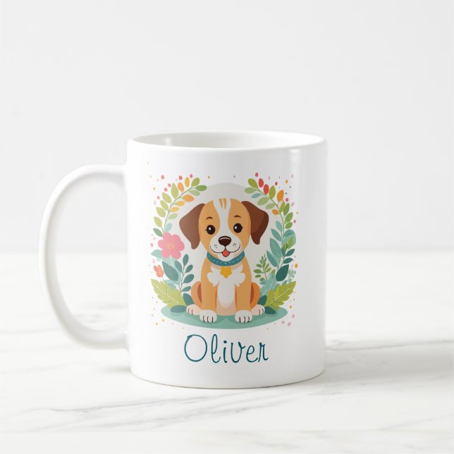 Söt Blommig Hund Valp  Kaffemugg (Vänster)
