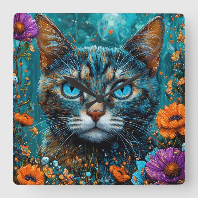 Söt Blommig Katt Fyrkantig Klocka (Framsida)