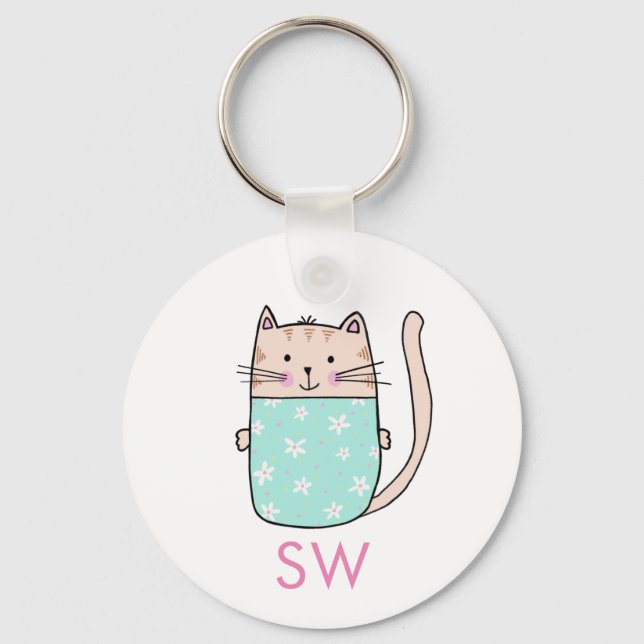 Söt Blommig Katt Initialer Monogram Nyckelring (Framsida)