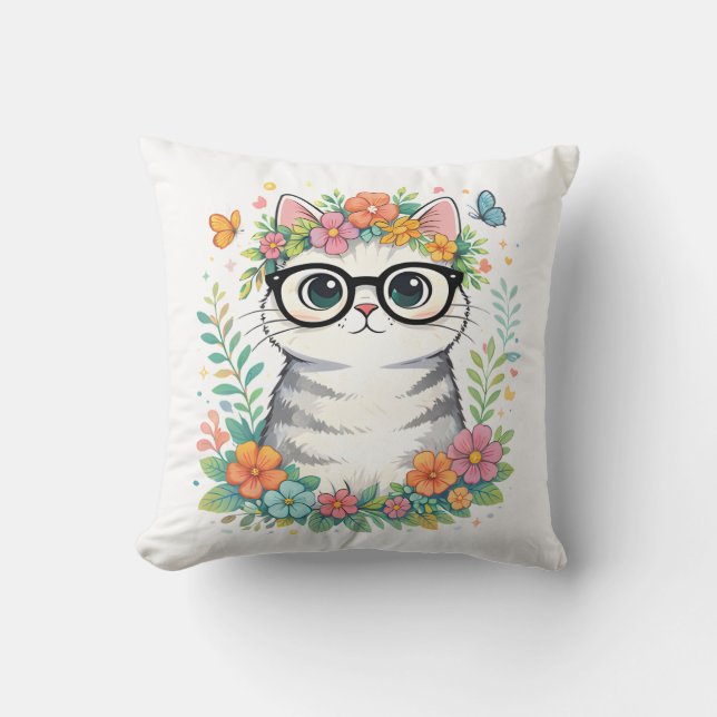 Söt blommig katt med glasögon kudde (Framsida)