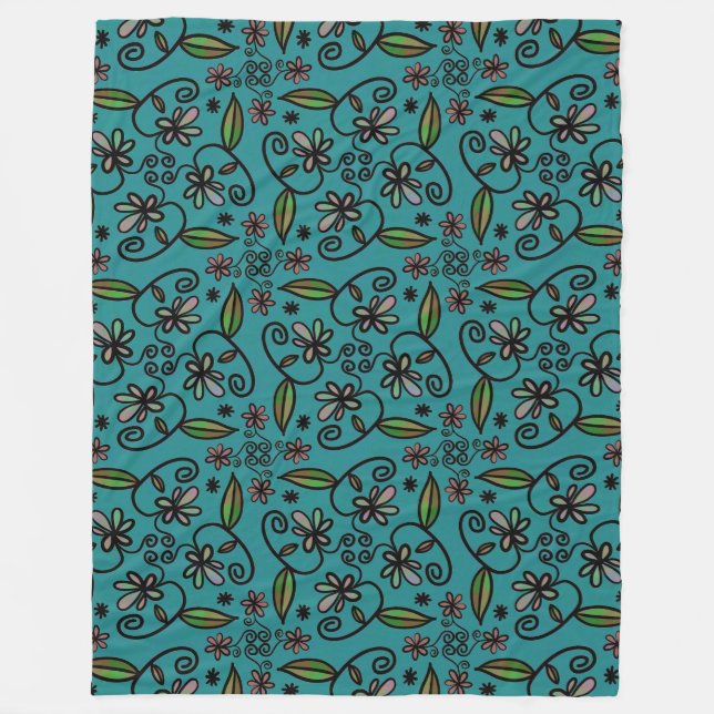 Söt blommig mönster teal fleecefilt (Framsidan)