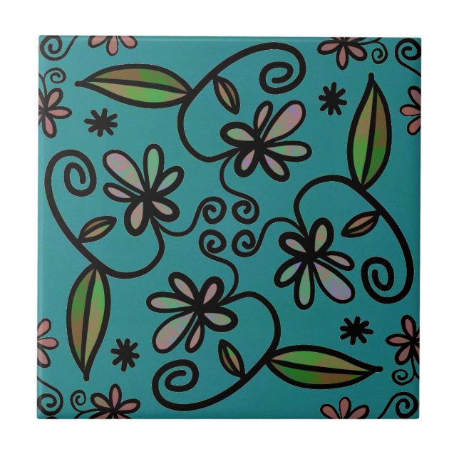 Söt blommig mönster teal kakelplatta (Framsidan)