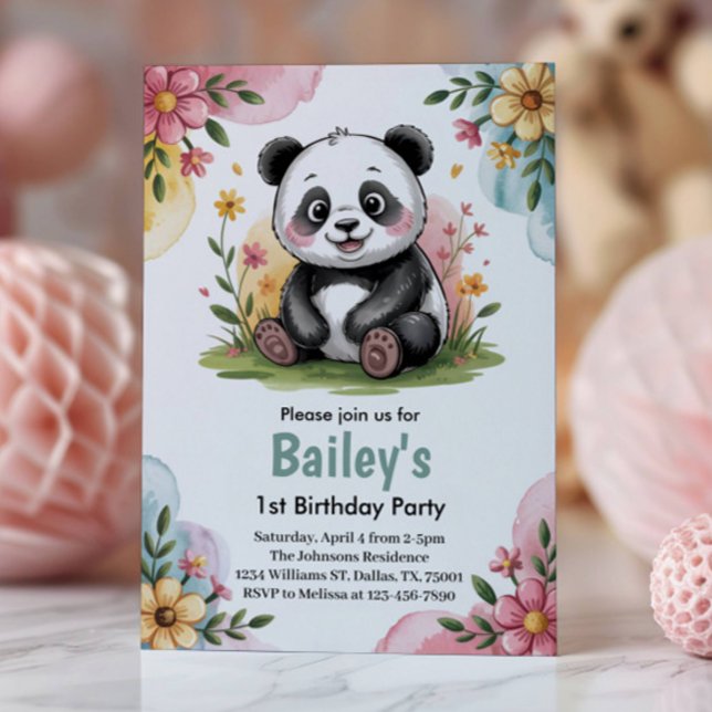 Söt Blommig Panda Barn 1-års Födelsedagsfest Inbjudningar (Skapare uppladdad)