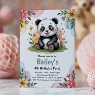 Söt Blommig Panda Barnkalas 4-års Födelsedagsfest Inbjudningar