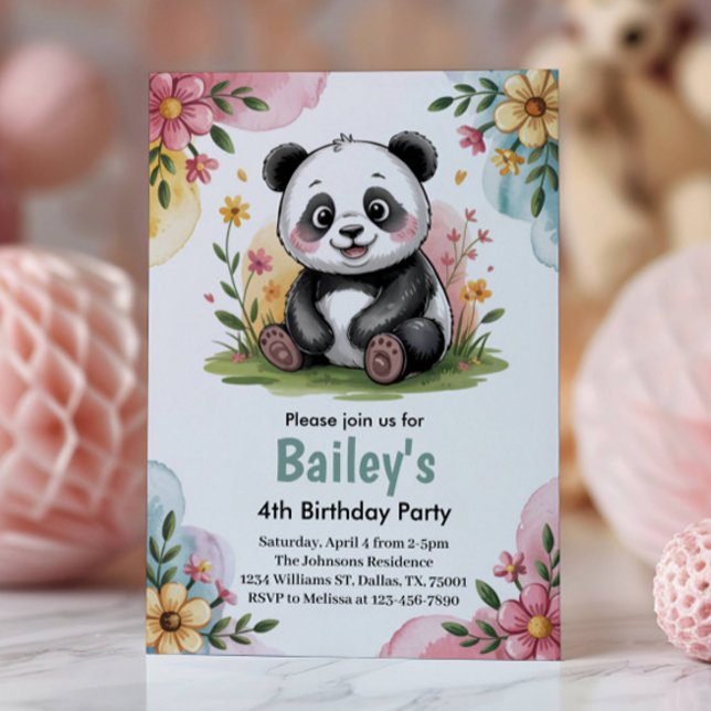 Söt Blommig Panda Barnkalas 4-års Födelsedagsfest Inbjudningar (Skapare uppladdad)