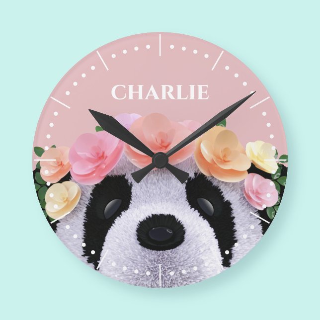 Söt blommig Panda Björn Personlig Klocka för Flick (A cute panda bear clock with space for your name)