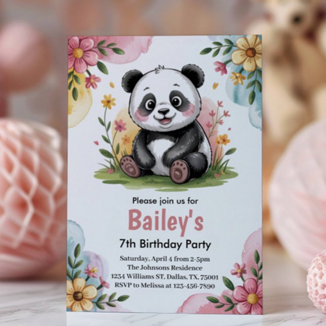 Söt Blommig Pandas Födelsedagsfest för Barn Inbjudningar (Skapare uppladdad)