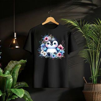 Söt blommig pingvin Pastell Illustrerad T-Shirt