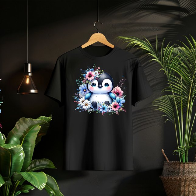 Söt blommig pingvin Pastell Illustrerad T-Shirt (Skapare uppladdad)