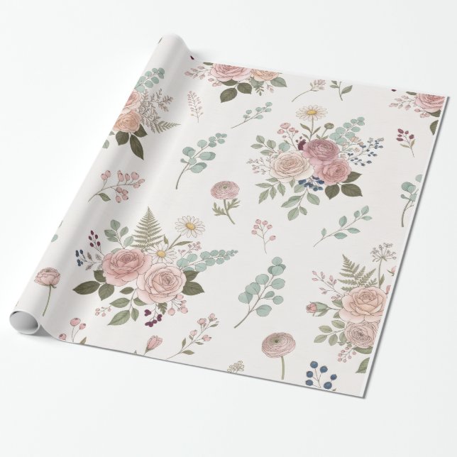 Söt Blommig Presentinslagning – Sött Blommigt Möns Presentpapper (Utrullad)