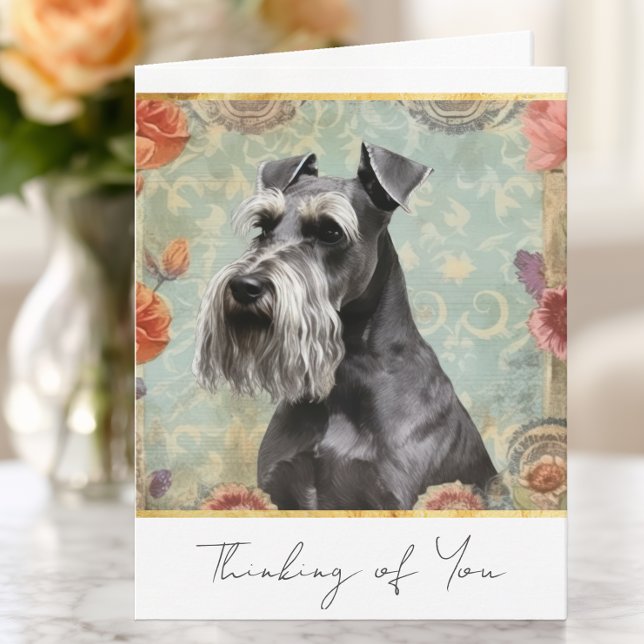 Söt Blommig Schnauzer Tänker På Dig Anteckningskort (Schnauzer Thinking of You Card)