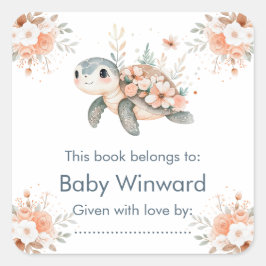 Söt Blommig Sköldpadda Baby Shower Fyrkantigt Klistermärke