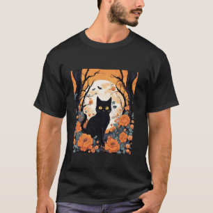 Söt Blommig Svart Katt I Skogen Halloween Skräck T Shirt