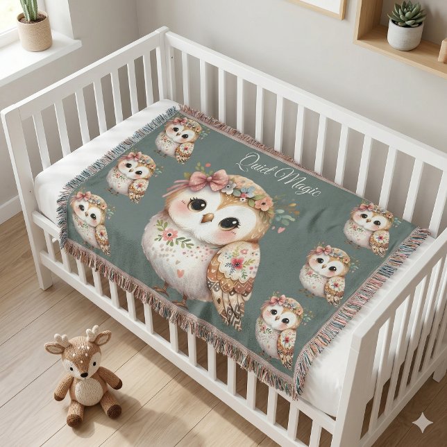 Söt Blommig Uggla med Band Filt (Cute Floral Owl with Bow Throw Blanket On Toddler Bed)