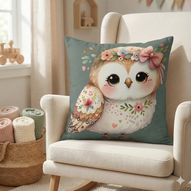 Söt Blommig Uggla med Band Kudde (Cute Floral Owl with Bow Throw Pillow Mockup A)