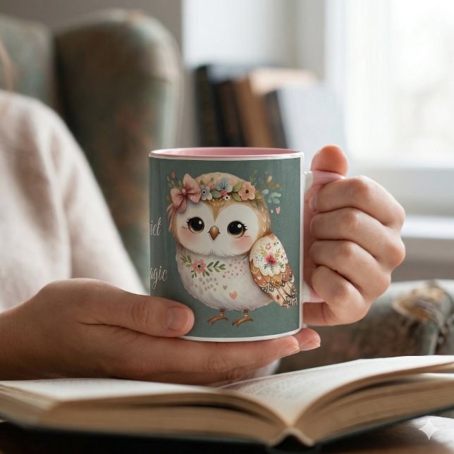 Söt Blommig Uggla med Band Mugg (Cute Floral Owl with Bow Mug In Use)