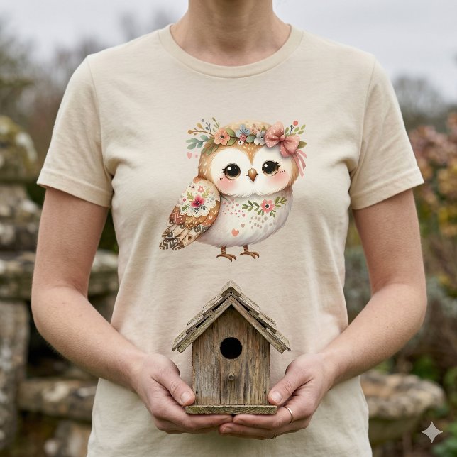 Söt Blommig Uggla med Band T Shirt (Cute Floral Owl with Bow T-Shirt With Birdhouse)