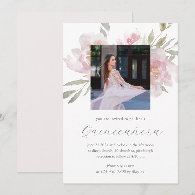 Söt Blommigt 15 år Birthday Quinceañera Photo Inbjudningar (Fram/baksida)