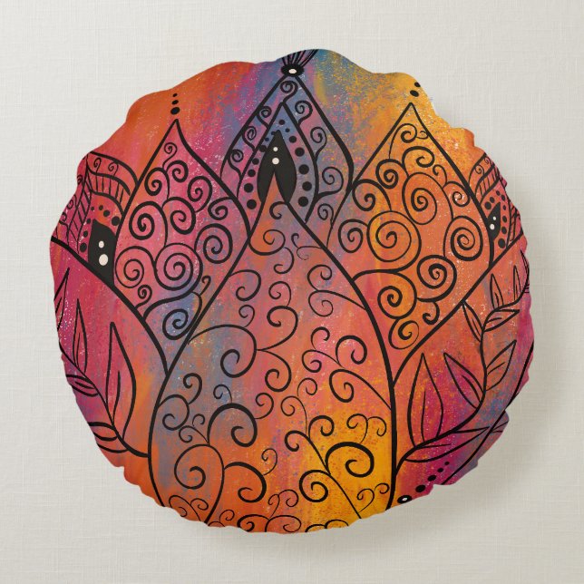 Söt Blommigt Art Rund Kudde (Baksidan)