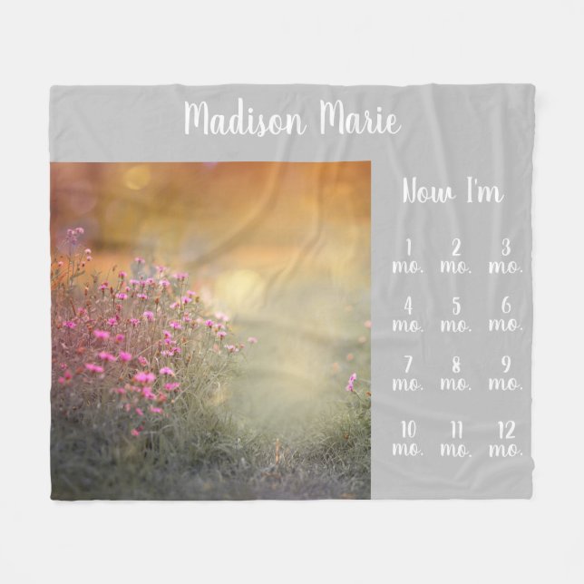 Söt Blommigt Baby Milestones Grått Fleece Blanket (Framsidan (Horisontell))