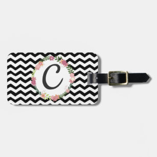 Söt Blommigt Black White Chevron Monogram Bagagebricka